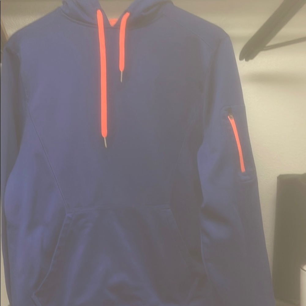 Blue dry fit hoodie with orange accent